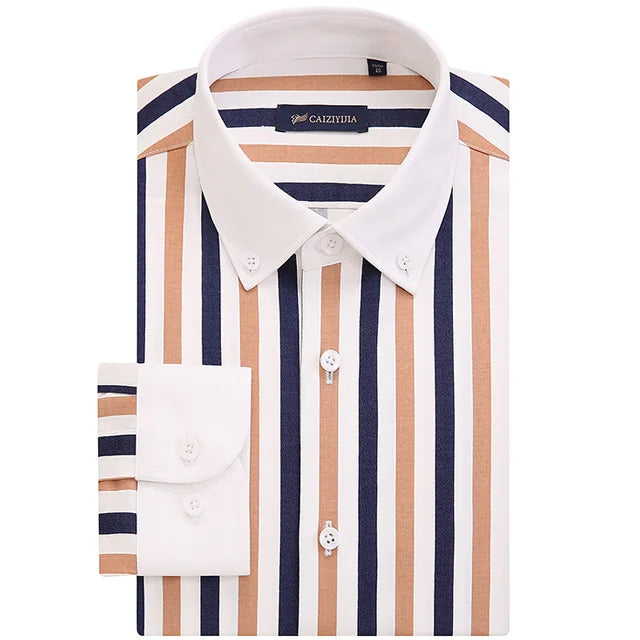 Gola de contraste masculina listrado manga longa botão para baixo vestido camisa pocketless design magro casual listrado blusa camisas de manguito branco