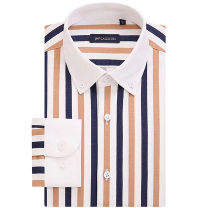 Gola de contraste masculina listrado manga longa botão para baixo vestido camisa pocketless design magro casual listrado blusa camisas de manguito branco