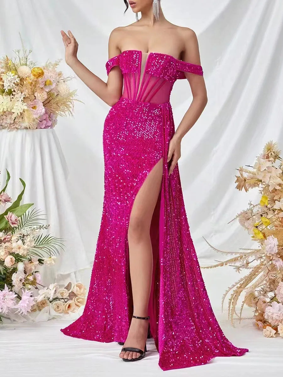 Novo vestido de festa elegante em cetim, estilo celebridade, sem alças, com estrutura de barbatanas, detalhes em tule transparente e lantejoulas, comprimento longo.