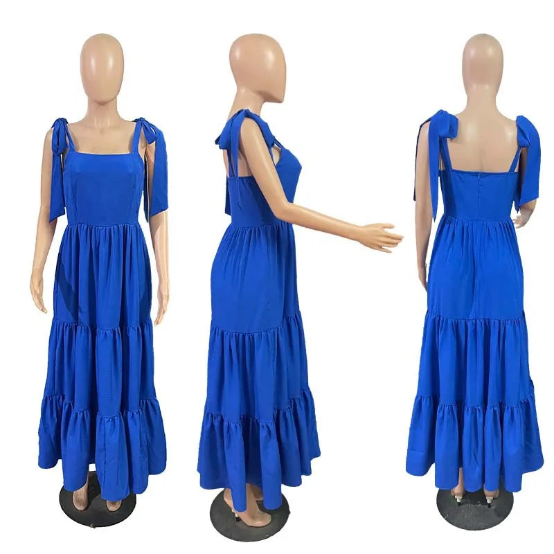 Vestido Feminino de Verão Estilo Halter com Laço, Cintura Marcada e Saia Ampla