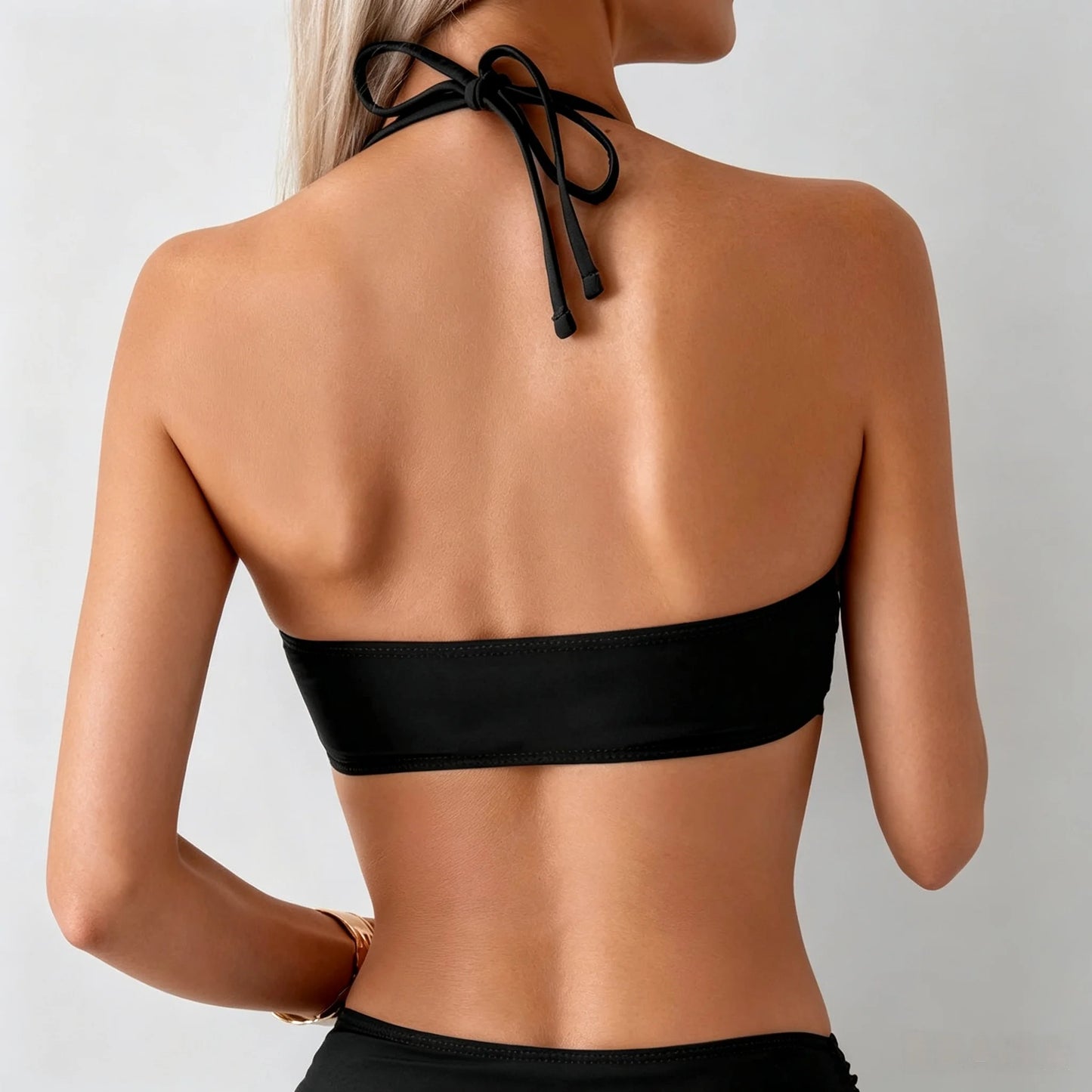 Conjunto de biquíni push-up sem alças com estampa sólida, modelo sexy de cintura alta com recortes, confeccionado em elastano/nylon.