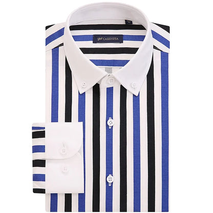 Gola de contraste masculina listrado manga longa botão para baixo vestido camisa pocketless design magro casual listrado blusa camisas de manguito branco