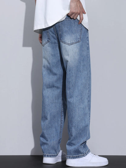 Calça Jeans Masculina de Verão, Corte Reto e Ajustado (Mid Slim Fit), Cor Sólida, Secagem Rápida, Leve e Confortável – Tendência de Moda Casual