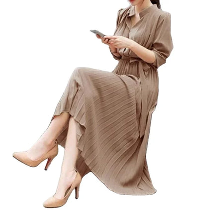 Women's Minimalist Long Sleeve Solid Color Stand up Collar Tie up Waist Pleated Women's Clothes Casual Loose Fitting Dress