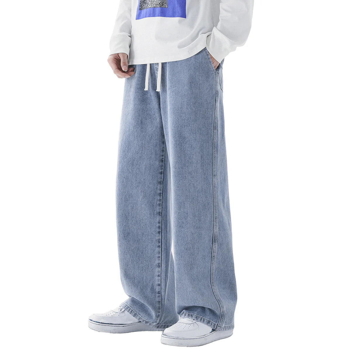 Calça Jeans Masculina de Verão, Corte Reto e Amplo (Wide Leg), Cintura Elástica, Estilo Streetwear, Tecido Leve