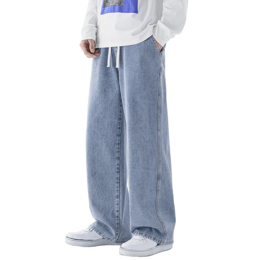 Calça Jeans Masculina de Verão, Corte Reto e Amplo (Wide Leg), Cintura Elástica, Estilo Streetwear, Tecido Leve