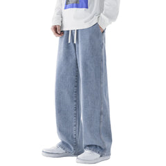 Calça Jeans Masculina de Verão, Corte Reto e Amplo (Wide Leg), Cintura Elástica, Estilo Streetwear, Tecido Leve