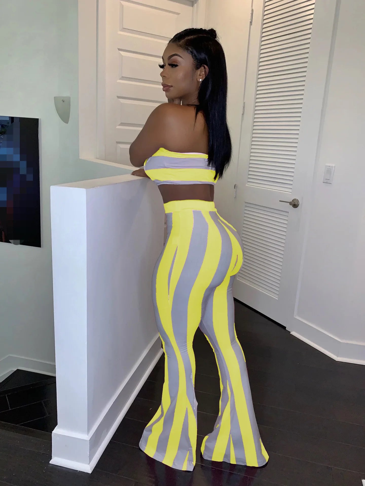 Conjunto de roupa feminina listrada, 2 peças, crop top, calças, conjunto de roupas de verão sexy para mulheres