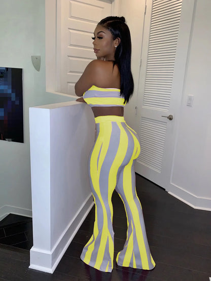 Conjunto de roupa feminina listrada, 2 peças, crop top, calças, conjunto de roupas de verão sexy para mulheres