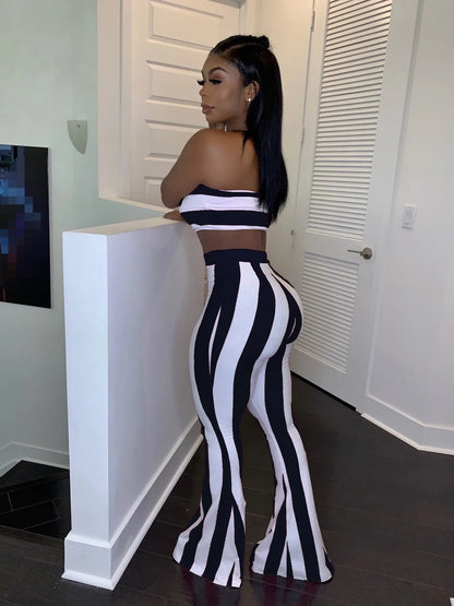 Conjunto de roupa feminina listrada, 2 peças, crop top, calças, conjunto de roupas de verão sexy para mulheres