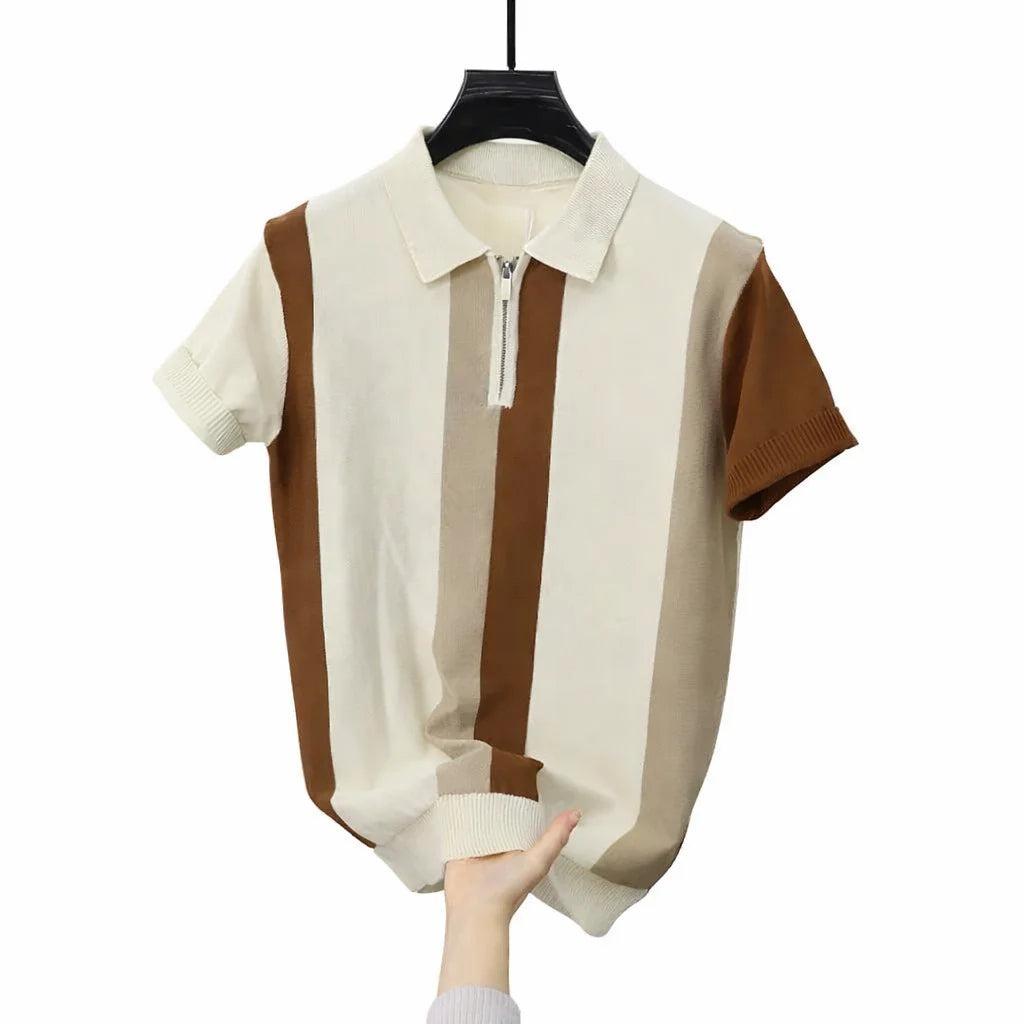 Oem Custom Logo Summer Summer Business Striped Ice Silk Half-zip Men Slim Fit Turn-down Collar Polo Shirts