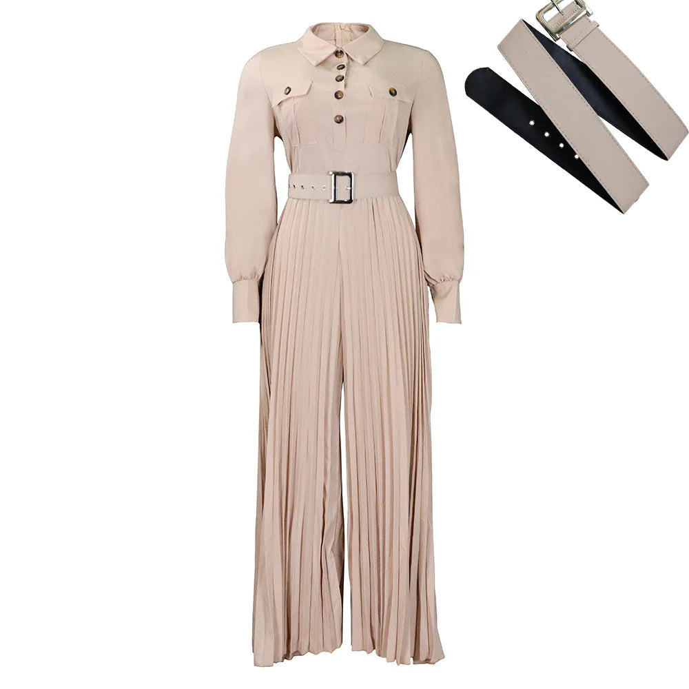 Macacão feminino de inverno com design moderno, modelagem solta e pregas, pernas largas, elegante para o escritório, com mangas compridas e cinto.