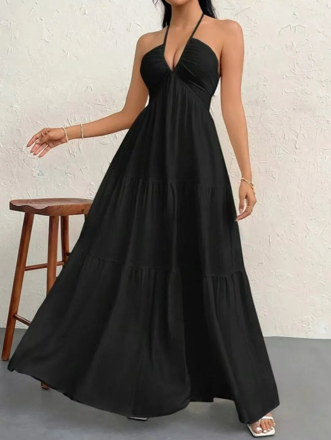 BR6703 Vestido Longo Feminino Estilo Boho – Decote em V Profundo, Ombros à Mostra, Cintura Alta e Cinto – Ideal para Casamentos e Festivais (Campeão de Vendas)