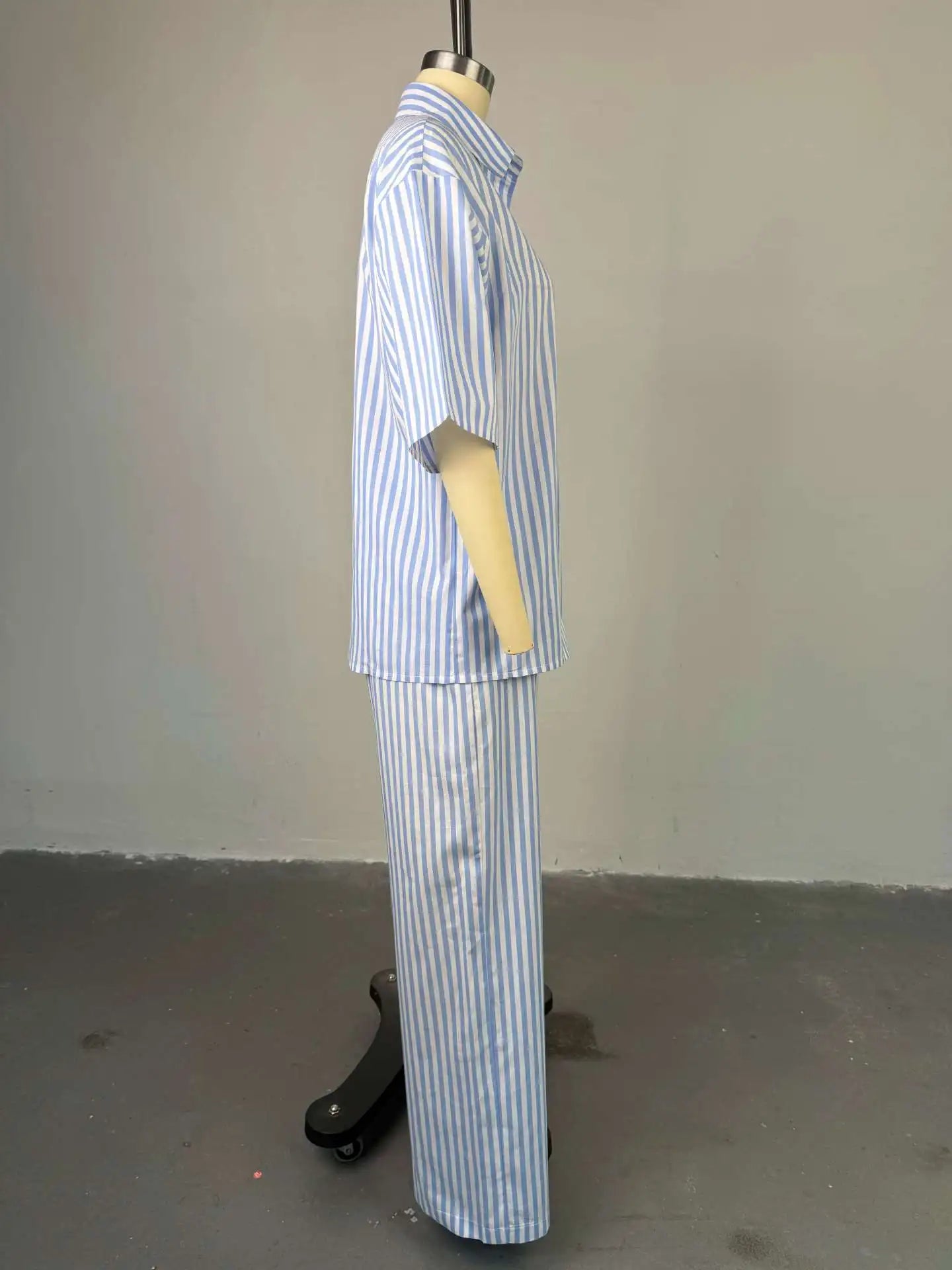 HK72246 Trendy Summer Outfits for Women Lapel Half Sleeve Striped Shirt and High Waist Pants Set Two Piece Set Women Clothing