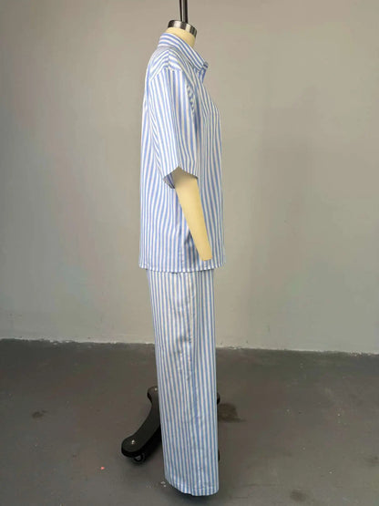 HK72246 Trendy Summer Outfits for Women Lapel Half Sleeve Striped Shirt and High Waist Pants Set Two Piece Set Women Clothing