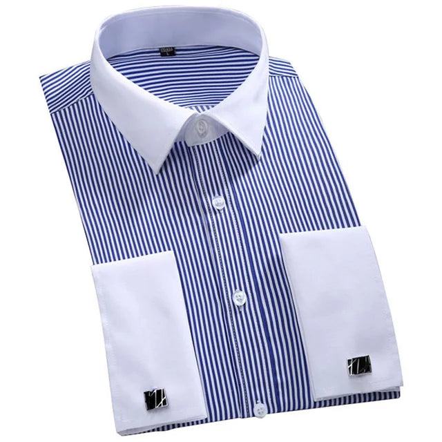 Camisa masculina clássica francesa com punhos listrados, bolso único, ajuste padrão, camisas de casamento de manga comprida (abotoaduras incluídas)