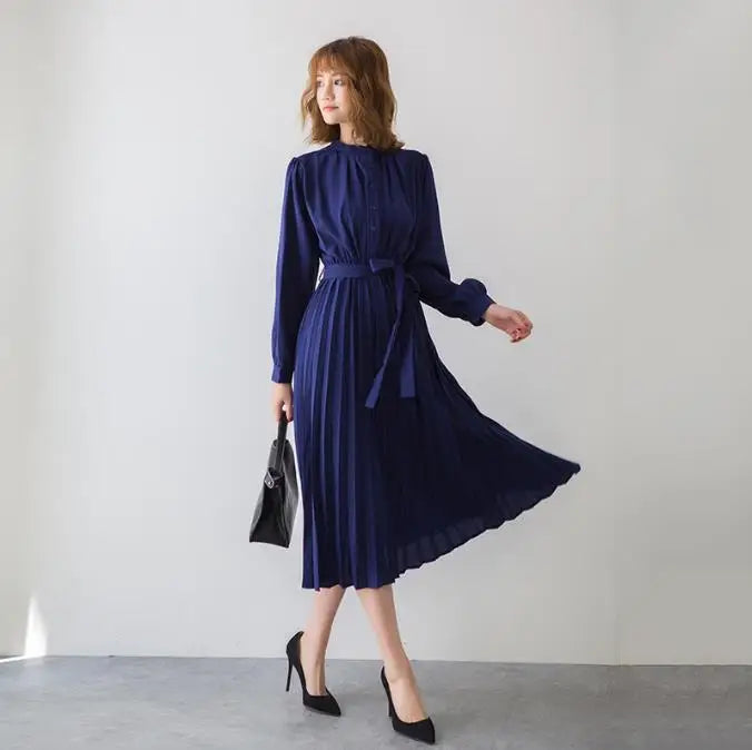 Women's Minimalist Long Sleeve Solid Color Stand up Collar Tie up Waist Pleated Women's Clothes Casual Loose Fitting Dress