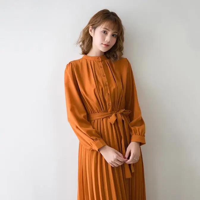 Women's Minimalist Long Sleeve Solid Color Stand up Collar Tie up Waist Pleated Women's Clothes Casual Loose Fitting Dress