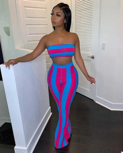 Conjunto de roupa feminina listrada, 2 peças, crop top, calças, conjunto de roupas de verão sexy para mulheres