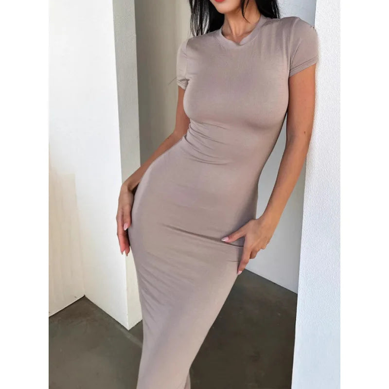 Vestido midi feminino de cor sólida, justo ao corpo, manga curta, elegante, macio, versátil para primavera/verão, ideal para festas, ocasiões casuais e uso diário.