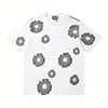 Conjunto Masculino de 2 Peças (Camiseta e Shorts) em Jeans com Estampa de Guirlanda em Relevo (3D Puff) e Detalhes Rasgados – Estilo Streetwear Americano (100% Algodão)