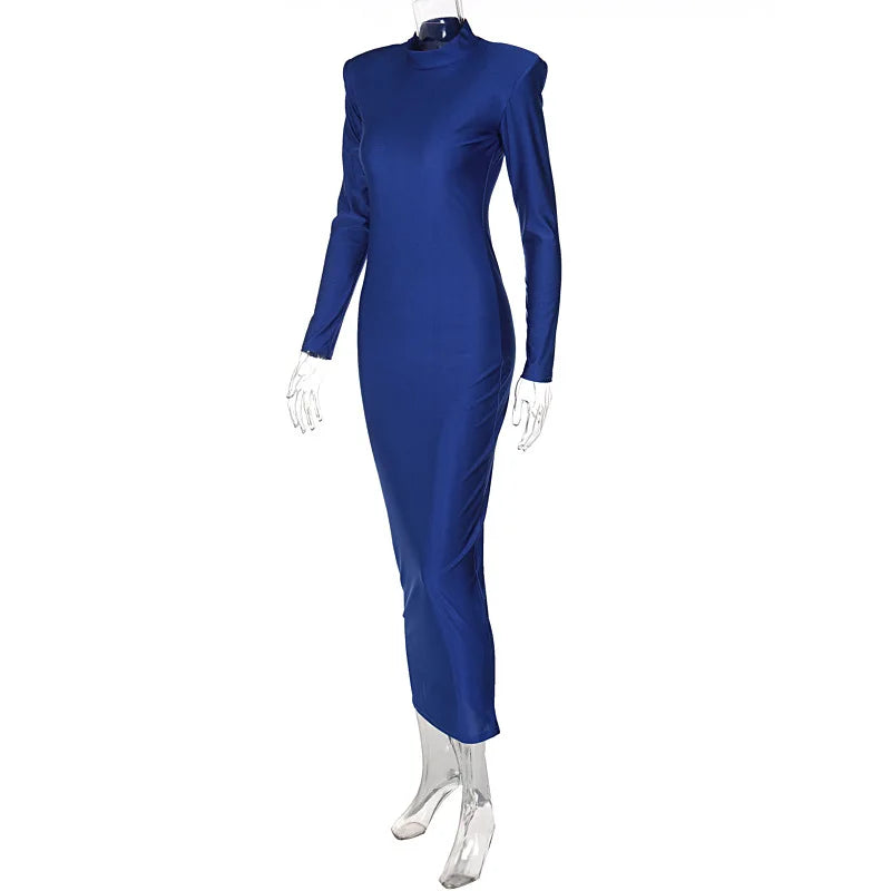 Vestido midi de gola alta, justo ao corpo, para outono e inverno, feminino, casual, manga longa, tamanhos P, M, G e plus size. Vestido slim elástico, preto, azul e verde.