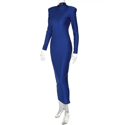 Vestido midi de gola alta, justo ao corpo, para outono e inverno, feminino, casual, manga longa, tamanhos P, M, G e plus size. Vestido slim elástico, preto, azul e verde.