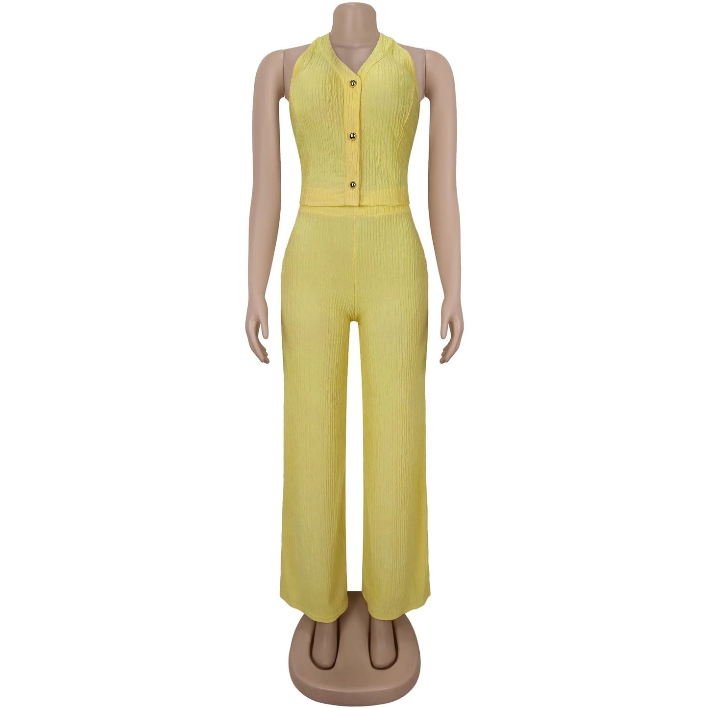 Conjunto feminino casual de duas peças: blusa frente única com amarração, botões e cor sólida + calça soltinha (tendência de verão)