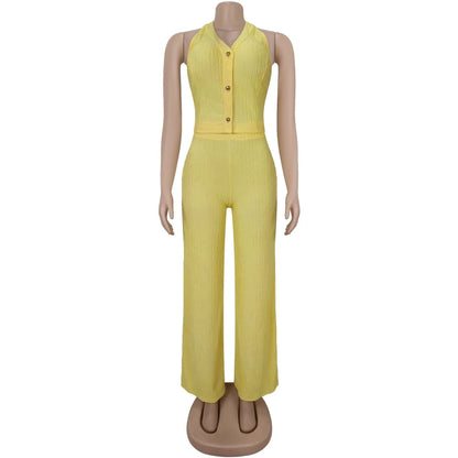 Conjunto feminino casual de duas peças: blusa frente única com amarração, botões e cor sólida + calça soltinha (tendência de verão)