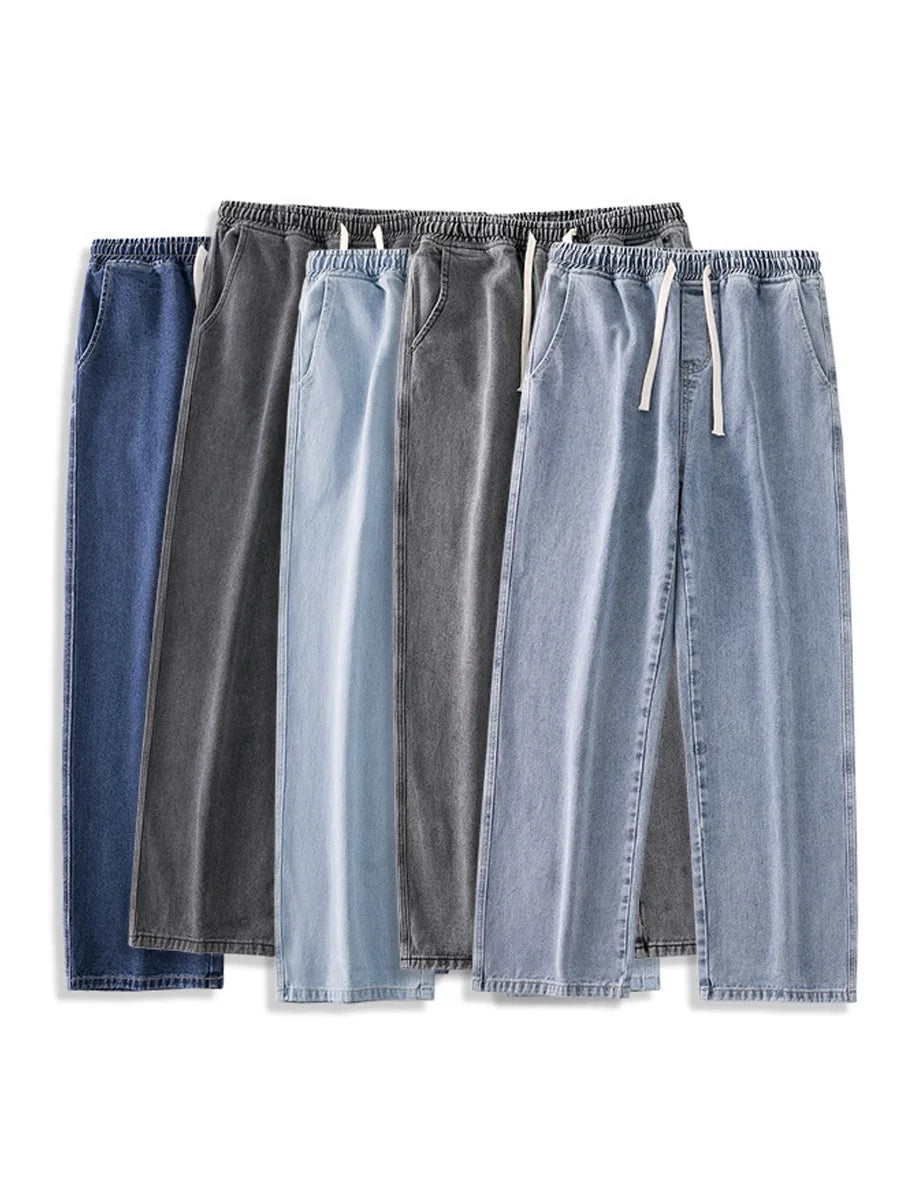 Calça Jeans Masculina de Verão, Corte Reto e Amplo (Wide Leg), Cintura Elástica, Estilo Streetwear, Tecido Leve