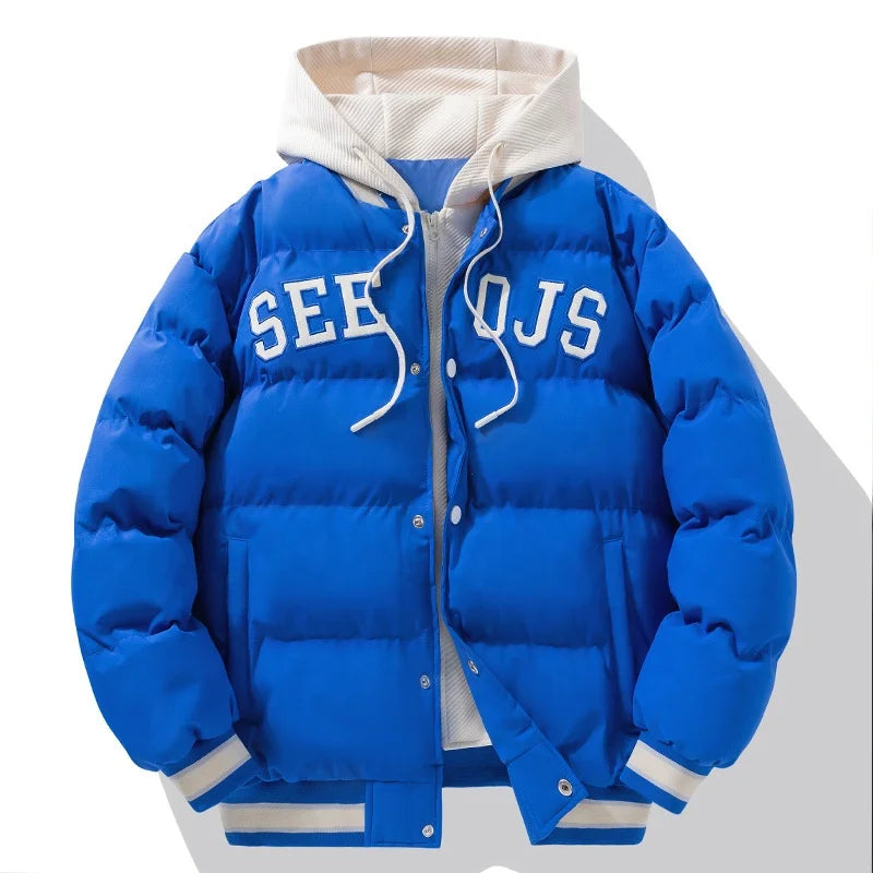 Jaqueta de Beisebol de Inverno Estilo Harajuku com Design de Camadas Sobrepostas , Acolchoada com Algodão e Plumas, Modelagem Larga, com Capuz e Proteção contra o Frio .