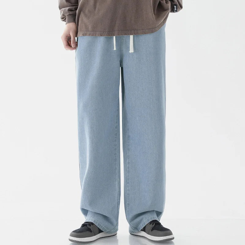 Calça Jeans Masculina de Verão, Corte Reto e Amplo (Wide Leg), Cintura Elástica, Estilo Streetwear, Tecido Leve
