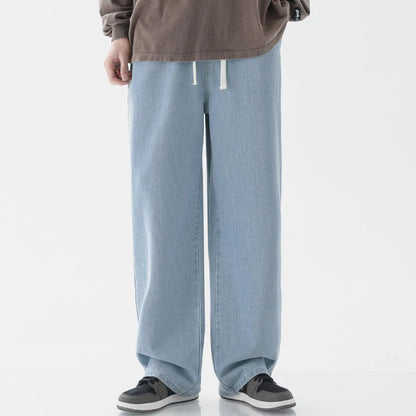Calça Jeans Masculina de Verão, Corte Reto e Amplo (Wide Leg), Cintura Elástica, Estilo Streetwear, Tecido Leve