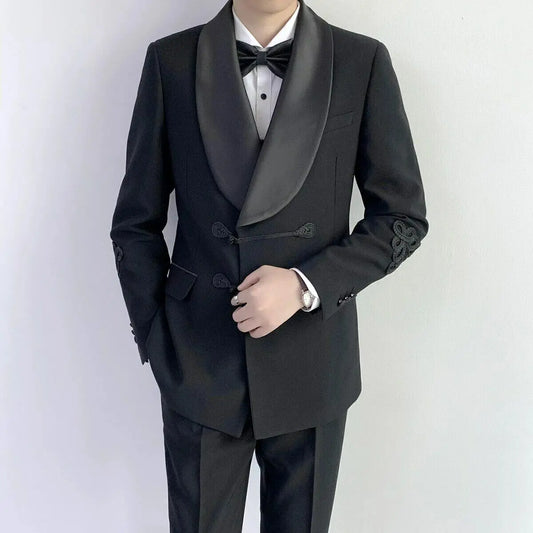 Ternos masculinos traje homme lapela larga fino ajuste casamento noivo baile formal blazer feito sob medida 2 peças preto personalizado