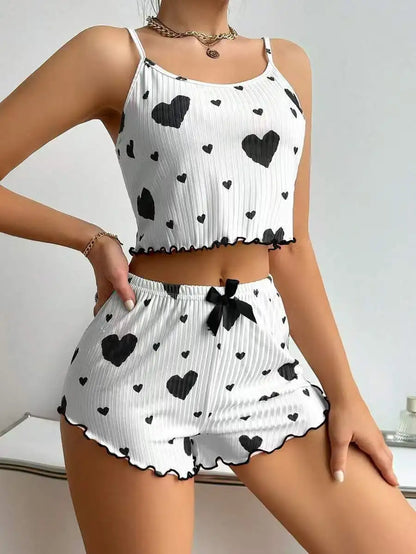 Conjunto de Pijama Feminino de 2 Peças com Estampa de Corações: Top Cropped Sem Mangas e Shorts – Roupa de Dormir e de Ficar em Casa Macia e Confortável para o Verão