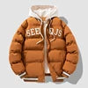 Jaqueta de Beisebol de Inverno Estilo Harajuku com Design de Camadas Sobrepostas , Acolchoada com Algodão e Plumas, Modelagem Larga, com Capuz e Proteção contra o Frio .