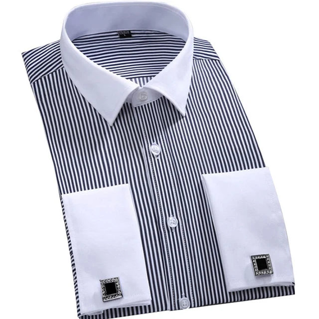 Camisa masculina clássica francesa com punhos listrados, bolso único, ajuste padrão, camisas de casamento de manga comprida (abotoaduras incluídas)