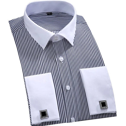 Camisa masculina clássica francesa com punhos listrados, bolso único, ajuste padrão, camisas de casamento de manga comprida (abotoaduras incluídas)