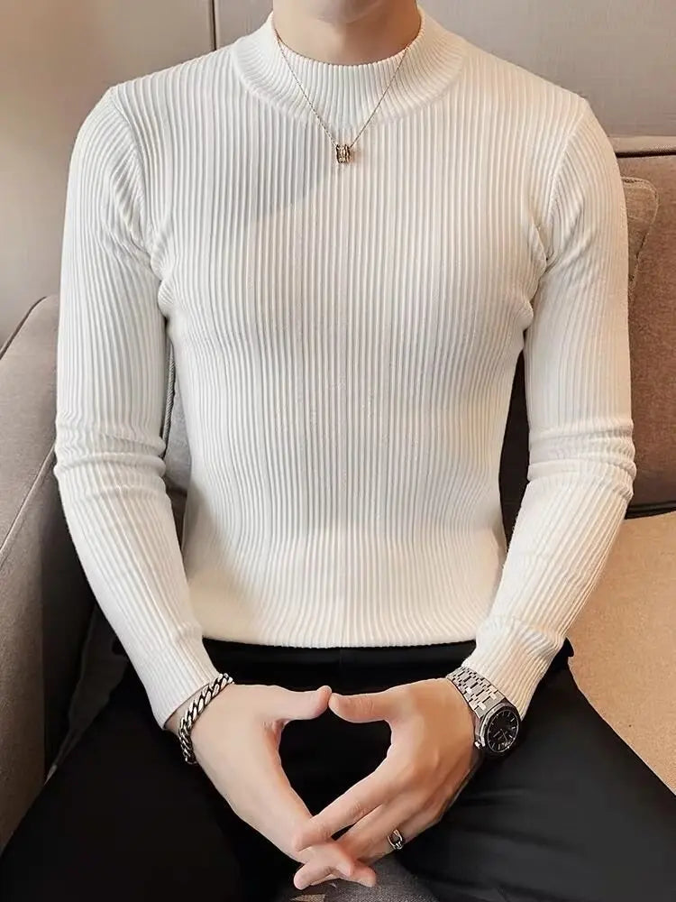 Suéter Masculino Listrado Versátil de Manga Longa e Gola Média (Slim Fit)