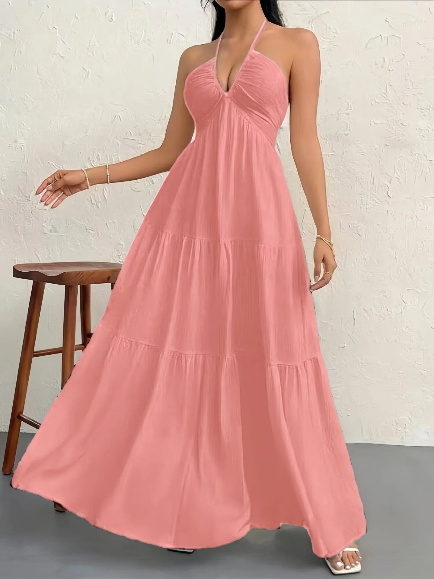 Vestido de Praia Feminino – 4 Cores – Decote em V, Sem Mangas, Longo (Maxi), Tamanho Plus Size – P ao GG (S-2XL)