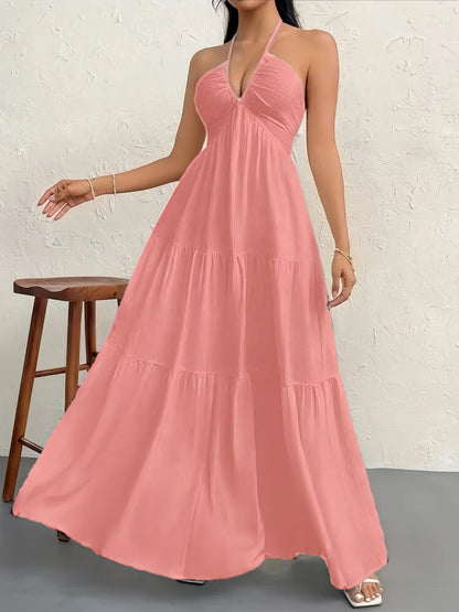 Vestido de Praia Feminino – 4 Cores – Decote em V, Sem Mangas, Longo (Maxi), Tamanho Plus Size – P ao GG (S-2XL)