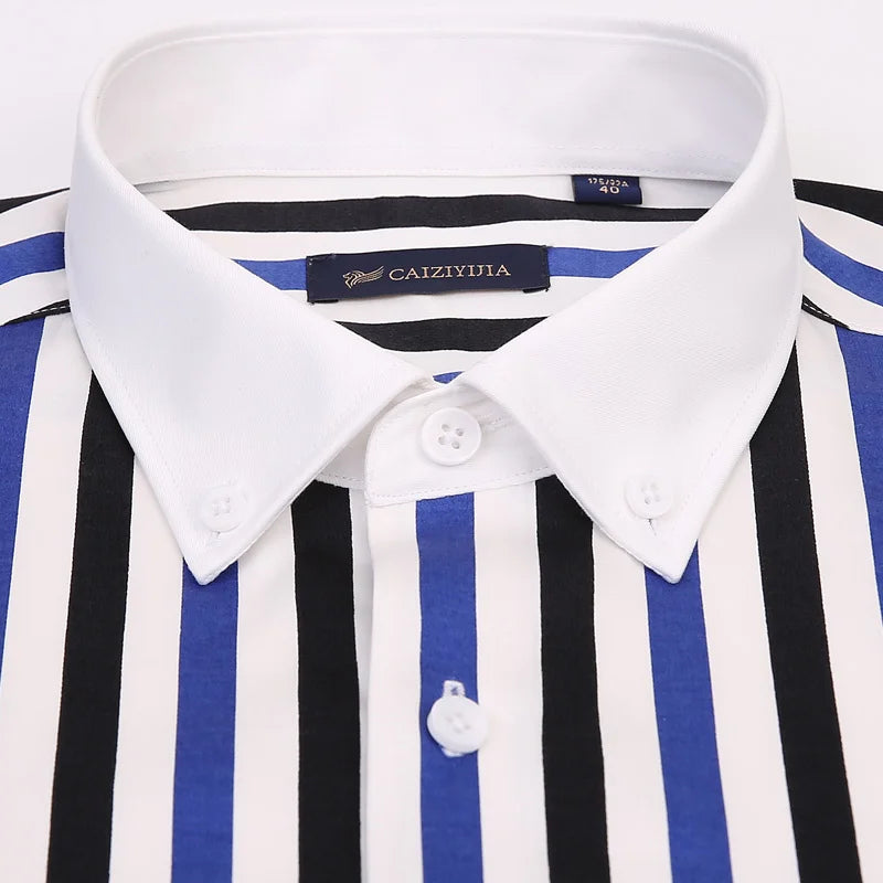 Gola de contraste masculina listrado manga longa botão para baixo vestido camisa pocketless design magro casual listrado blusa camisas de manguito branco