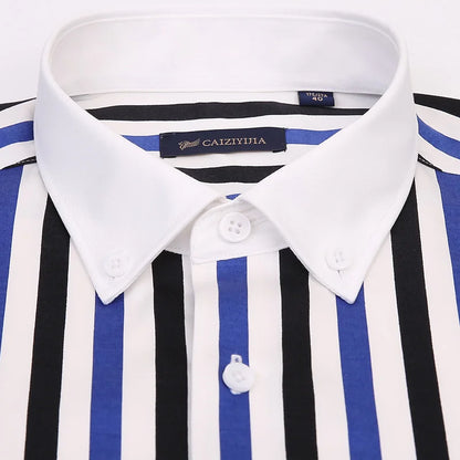 Gola de contraste masculina listrado manga longa botão para baixo vestido camisa pocketless design magro casual listrado blusa camisas de manguito branco