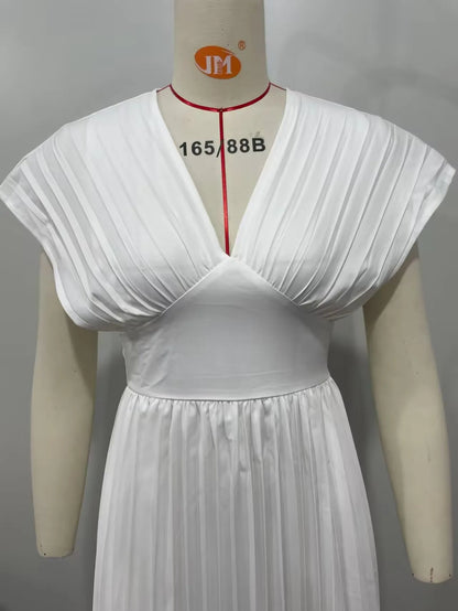 Novos Vestidos Longos Femininos Plissados com Decote em V e Cor Sólida – Sehe Fashion