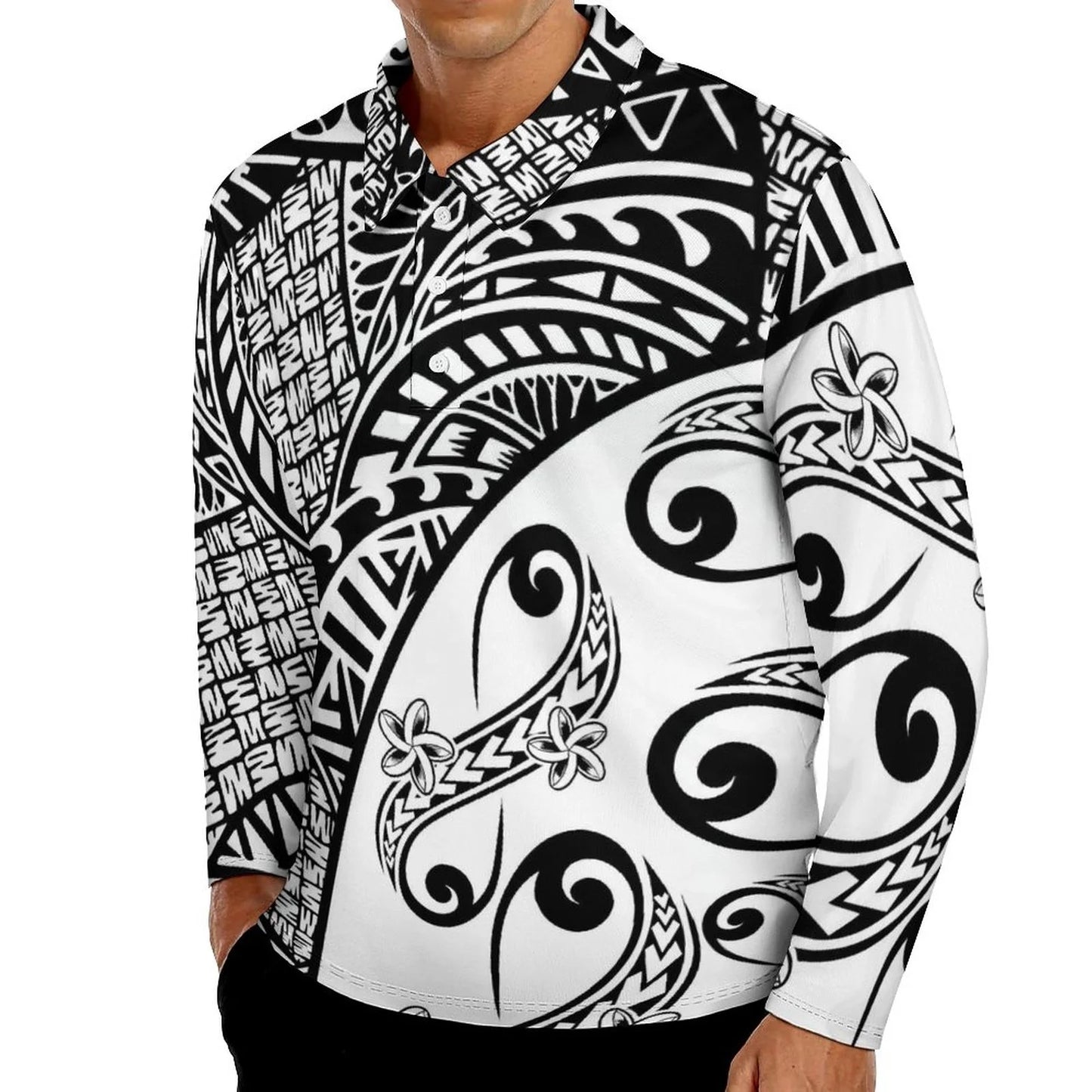 Camisa Polo Masculina Plus Size de Manga Longa com Estampa de Plumeria (Estilo Havaiano) e Design de Tatuagem Polinésia/Samoana