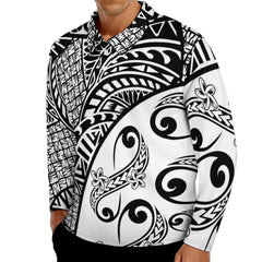 Camisa Polo Masculina Plus Size de Manga Longa com Estampa de Plumeria (Estilo Havaiano) e Design de Tatuagem Polinésia/Samoana
