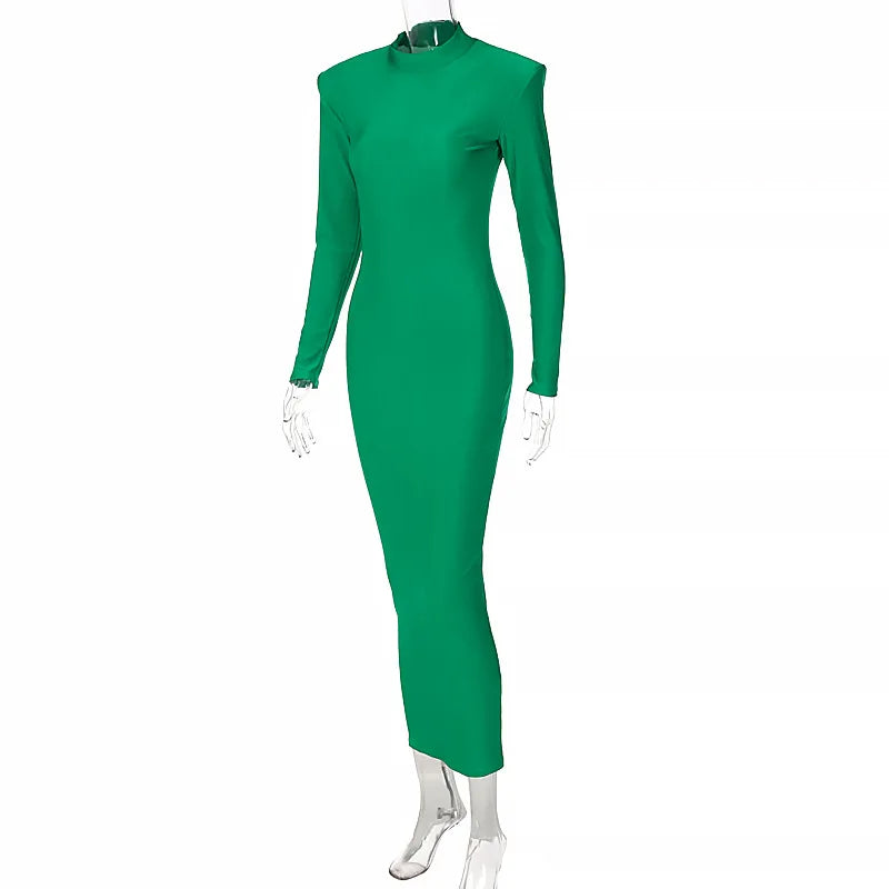 Vestido midi de gola alta, justo ao corpo, para outono e inverno, feminino, casual, manga longa, tamanhos P, M, G e plus size. Vestido slim elástico, preto, azul e verde.