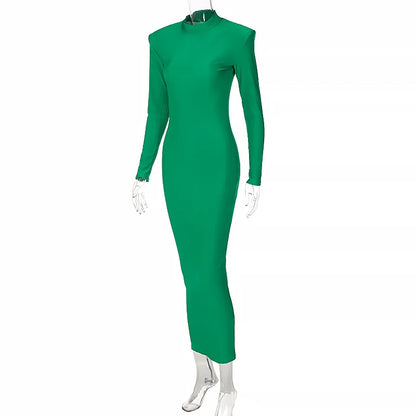 Vestido midi de gola alta, justo ao corpo, para outono e inverno, feminino, casual, manga longa, tamanhos P, M, G e plus size. Vestido slim elástico, preto, azul e verde.