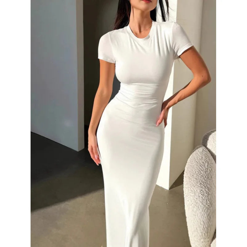 Vestido midi feminino de cor sólida, justo ao corpo, manga curta, elegante, macio, versátil para primavera/verão, ideal para festas, ocasiões casuais e uso diário.