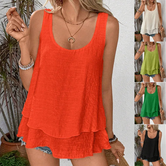 Women's Summer Vintage Sleeveless Tank Tops Sexy Loose Blouse in Summer's Solid Colors Double-Layered Tees Knitted Fabric